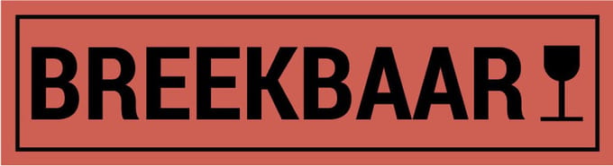 Breekbaar sticker met glas, oranje zwart 200 x 50 mm