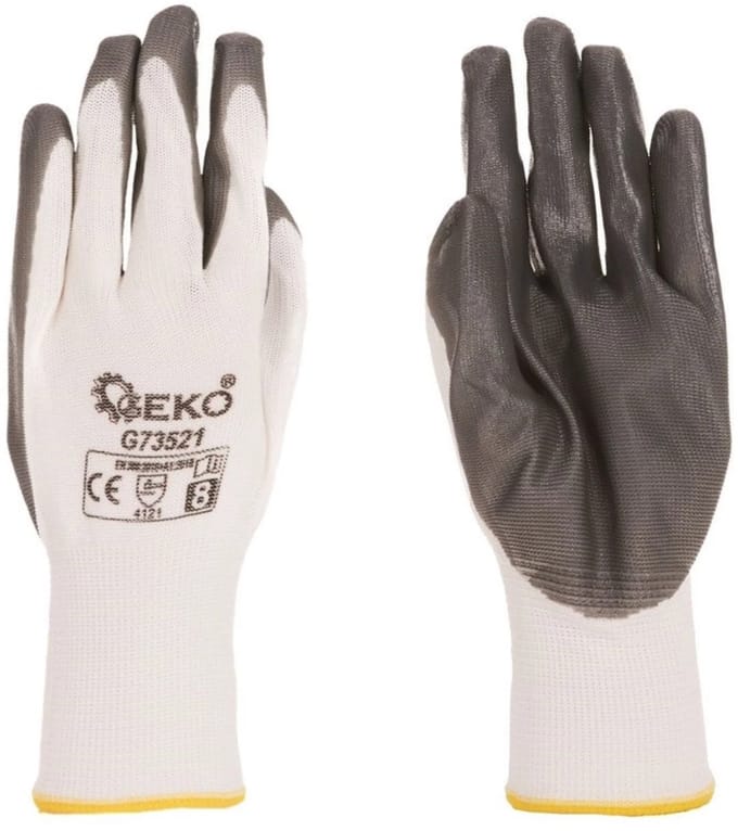 GEKO Katoenen werkhandschoenen - nitrilcoating - maat 8 - wit/grijs - 12 stuks