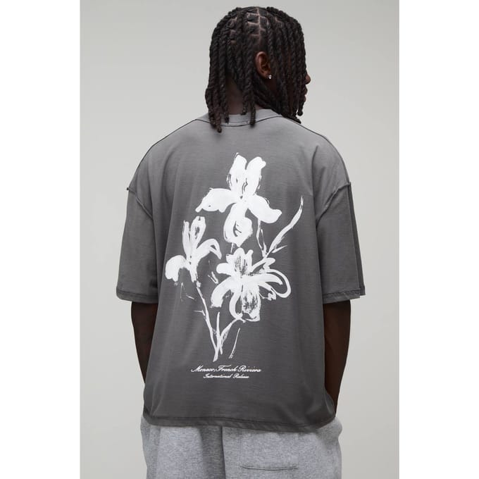 Antraciet Oversized Boxy T-shirt Met Bloemenprint En Zichtbare Naden | Charcoal | Size Medium