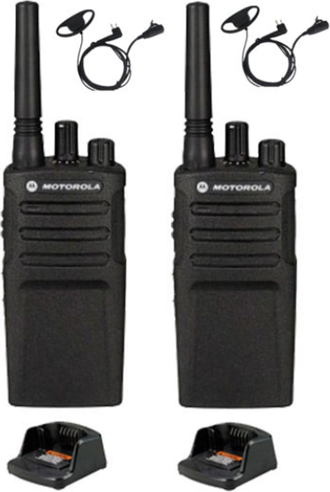Set van 2 Motorola XT420 UHF IP55 PMR446 met laders en D-shape oortje M1 2-Pins