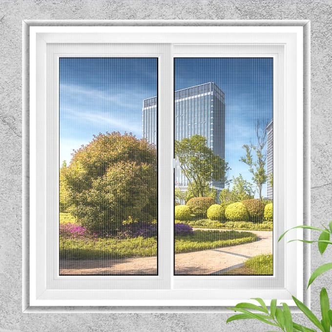Een verstelbaar doe-het-zelf raamhor van 90x50cm, gemaakt van glasvezelgaas, wit gaas, witte rand.