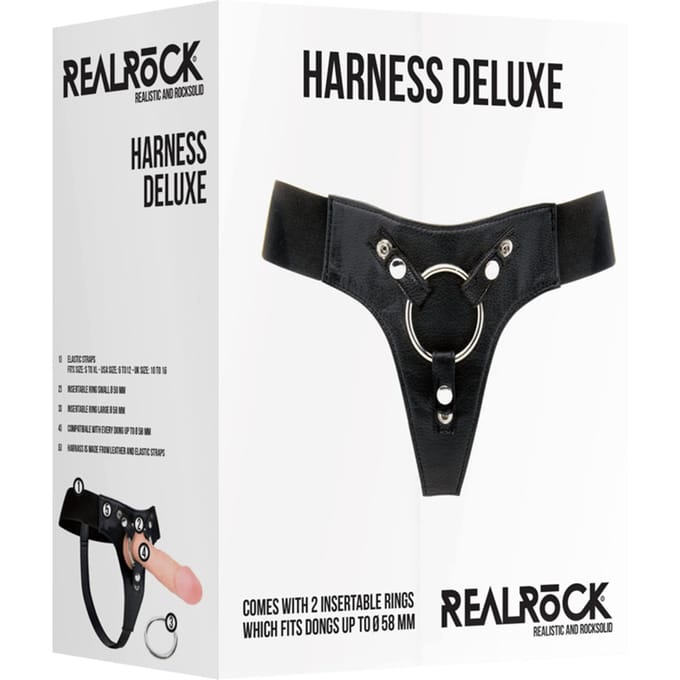RealRock – Kunstlederen Voorbind Harnas met 2 Verschillende Ringen - Zwart