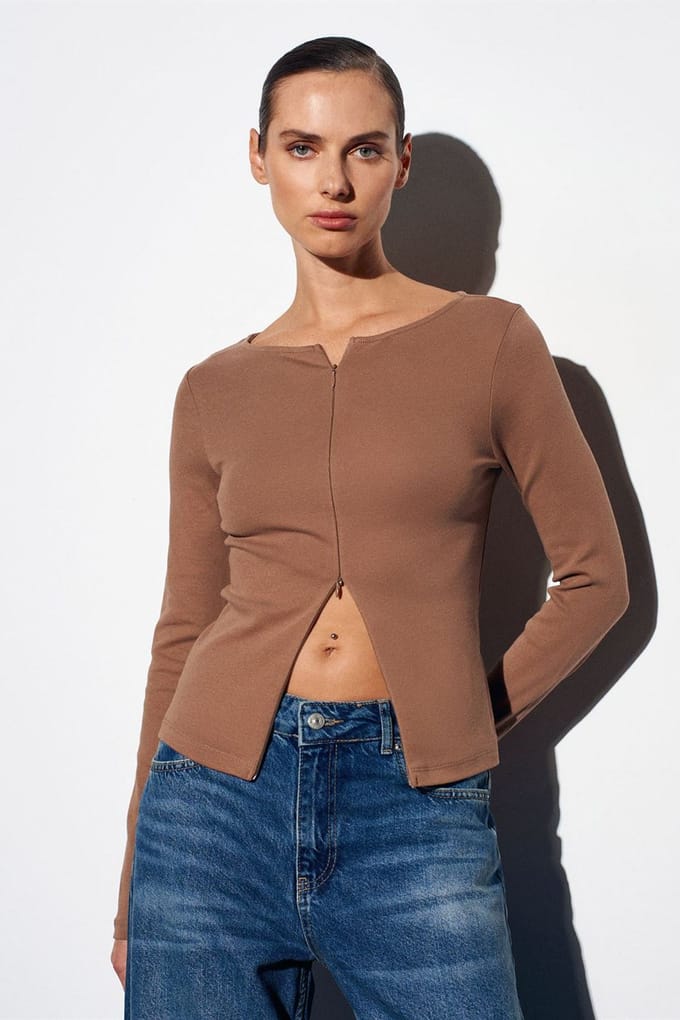 Slim Fit Katoenmix Rits Blouse