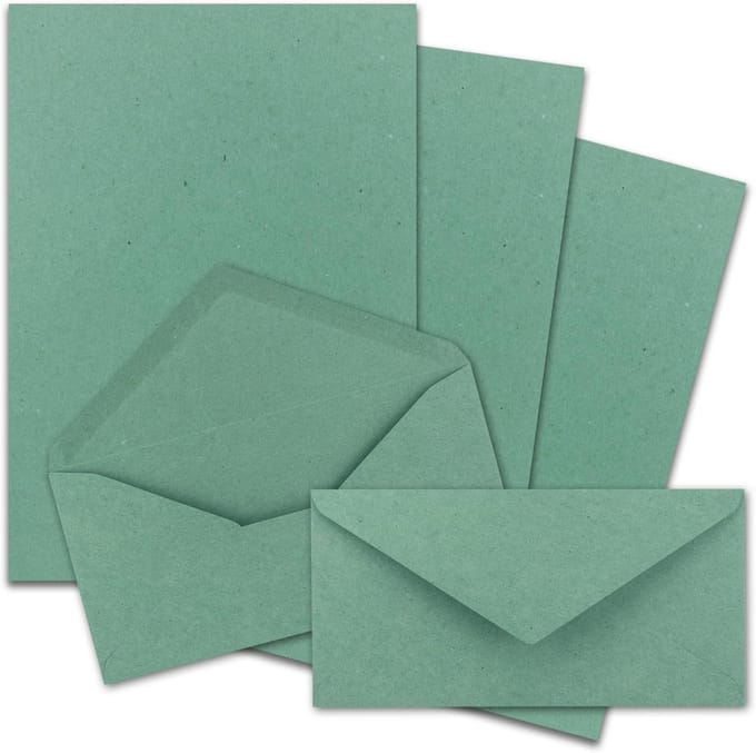 100x A4 Briefpapier Set met DIN Lang Enveloppen - Eucalyptusgroen Kraftpapier Gerecycled
