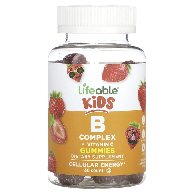 Lifeable, Kinder B-complex + Vitamine C gummies, natuurlijke aardbeiensmaak, 60 gummies