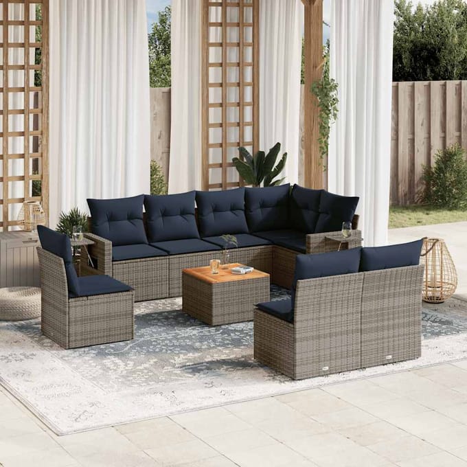 vidaXL - 9-delige - tuinbankset - met - kussens, - grijs - polyrotan