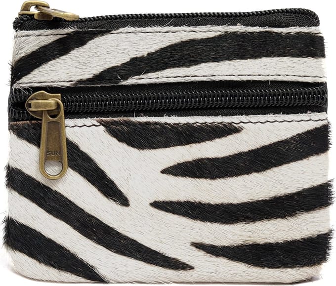 Mini portemonnee van leder met zebra print - Ecru/zwart klein portemonneetje van leer met zebraprint
