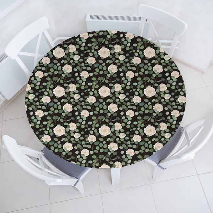 ABAKUHAUS Eucalyptus elastisch rond tafelkleed, allround elastisch tafelkleed, 90 cm - 100 cm, donkergrijs groene champagne