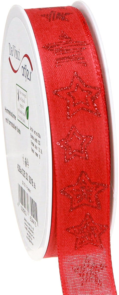 Kerstlint rood met glinsterende sterren lint 25mm 18m