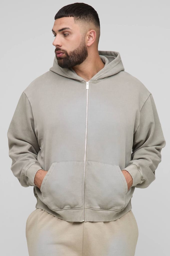 Plus Oversized Boxy Spray Wash Zip Through Hoodie | Taupe | Size 2XL