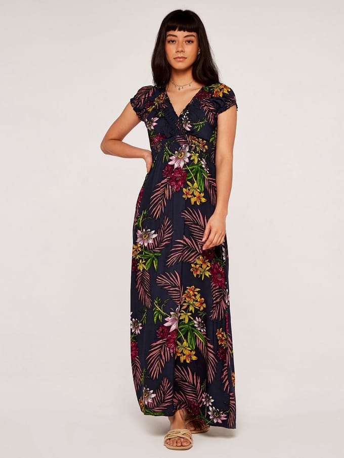 Maxijurk met Tropicana-smockdetails
