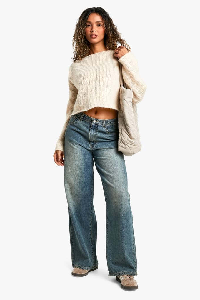 boohoo Dames Ladder Stitch Back Detail Boxy Crop Jumper | Light Stone | Maat: Large