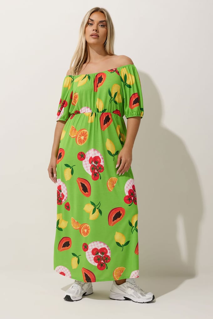 Limited Collection Groene Fruit Print Bardot Jurk Size 46
