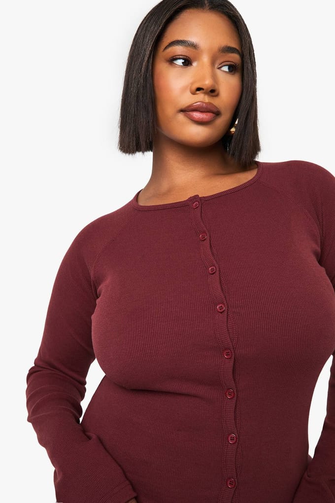 boohoo Dames Plus Button Down Top met lange mouwen | Bordeaux Rood | Maat: 52
