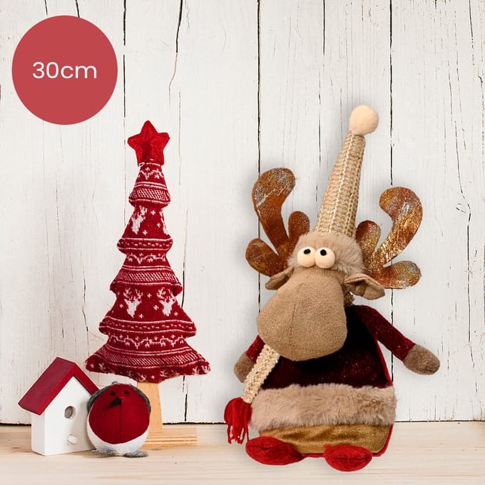 Polyester rendier bruin met beige muts - 30cm