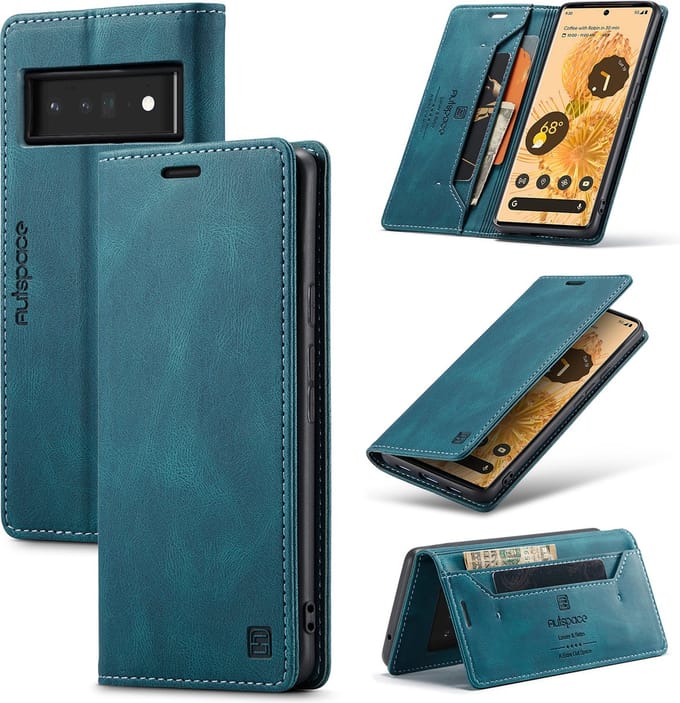 Luxe Flip Case met RFID Bescherming Kaarthouder en Magneetsluiting + Glas Screenprotector voor Google Pixel 6 Pro _ Blauw