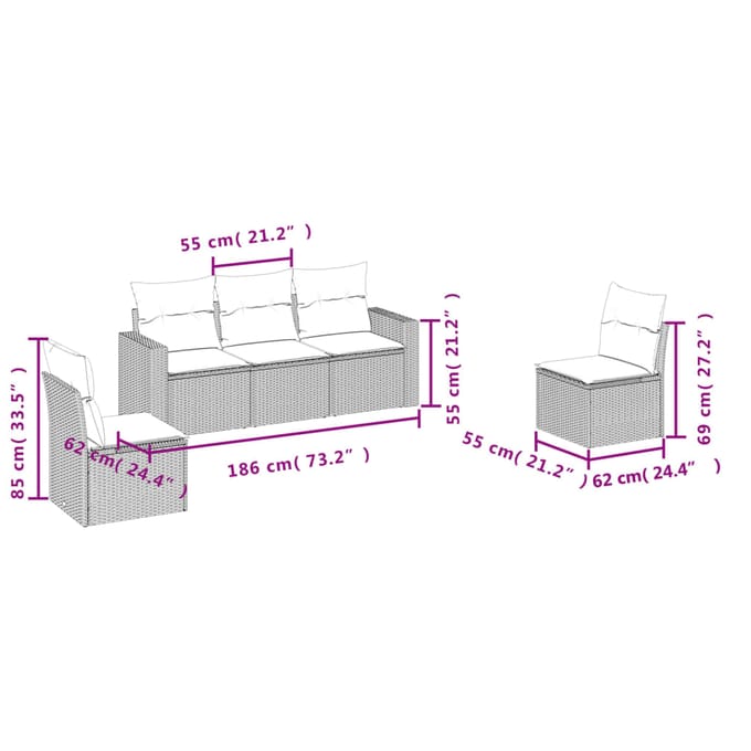 vidaXL - 5-delige - Loungeset - met - kussens - poly - rattan - beige