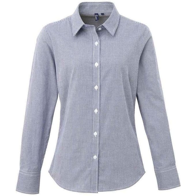 Premier Dames/Dames Micro Gingham geruit katoenen shirt met lange mouwen (Marine / Wit)