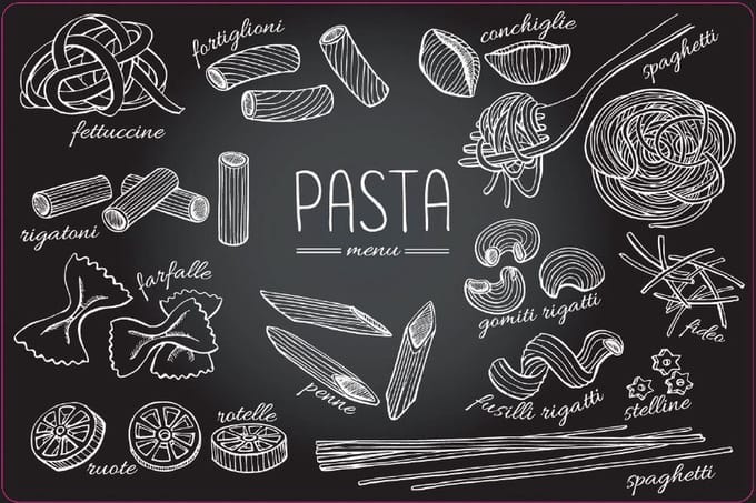 Placemats Set van 4 – Pasta Menu – 30x45 cm – Antislip – Afwasbaar Kunststof – Onderlegger & Tafeldecoratie