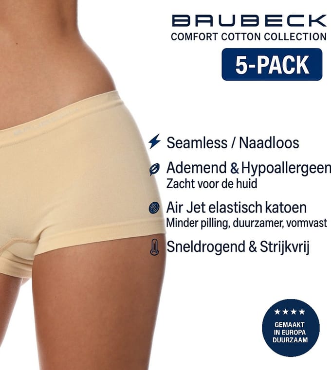 Brubeck Dames Boxershort – Naadloos (Seamless) Elastisch Katoen – 5-Pack - Beige S