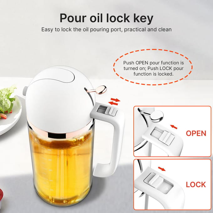 Distributeur d'huile 2 en 1 et pulvérisateur d'huile pour la cuisine 550 ml/18,6 oz Verre de qualité alimentaire Pulvérisateur d'huile d'olive blanc