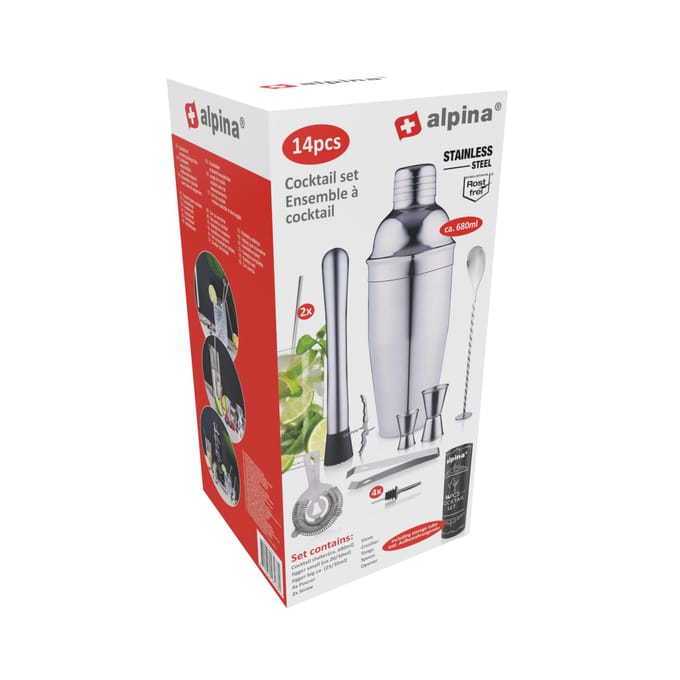 alpina Cocktailset Compleet - 14 Stuks - Cocktailshaker/ Stamper/ Jigger / Etc - RVS