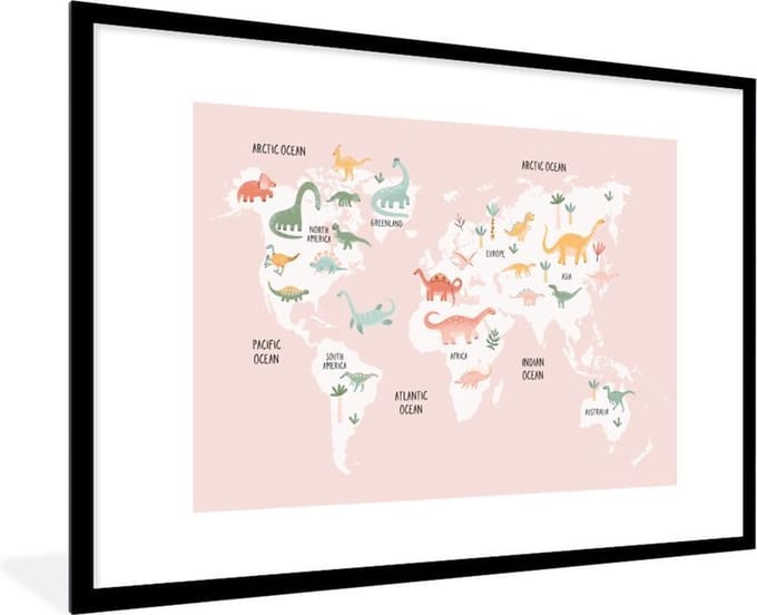 Wereldkaart - Kinderen - Dinosaurus - Schoolplaat - Kinderkamer - 90x60 cm