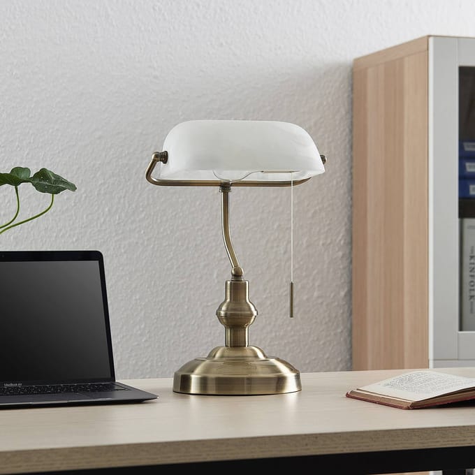 Lindby - bureaulamp - 1licht - staal, glas - H: 38.5 cm - E27 - brons, opaalwit