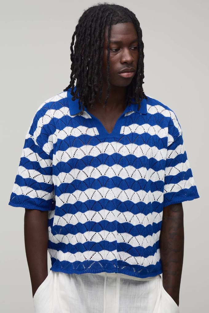 Oversized Boxy Wavy Open Stitch Knitted Polo T-Shirt | Blue | Size Medium