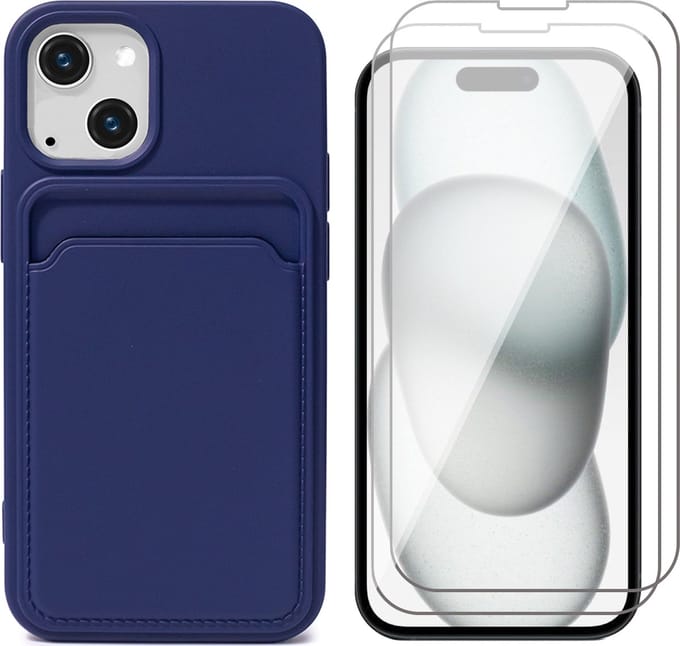 Hoesje Pasjeshouder geschikt voor iPhone 15 Plus - 2x Screenprotector GlassGuard - Siliconen Case Back Cover Blauw & Screen Protector