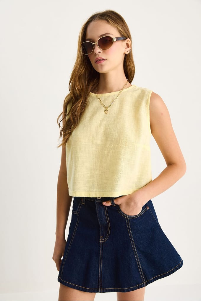 Linnenmix Korte Mouwen Crewneck Blouse