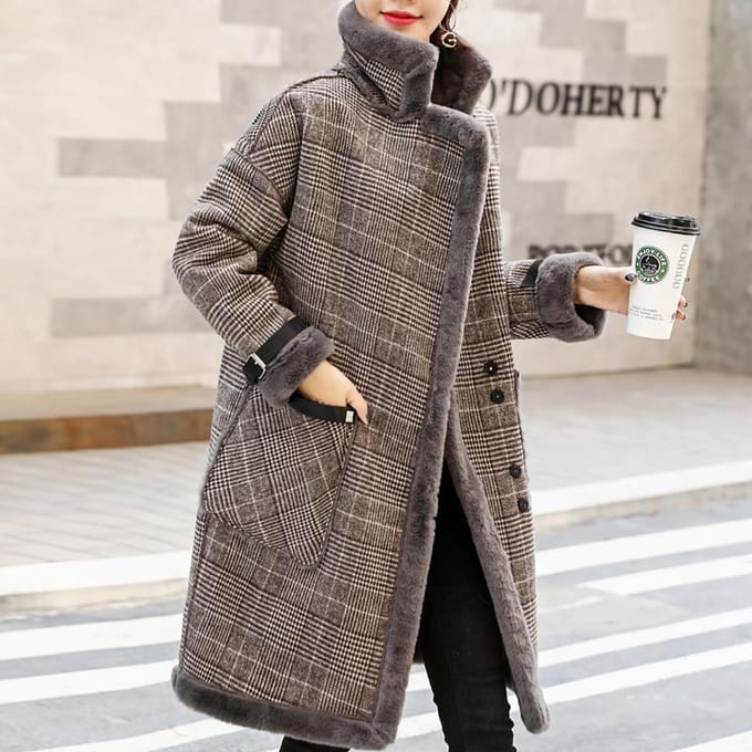 Manteau mi-long en fausse fourrure d'agneau pour femme, automne et hiver, petit manteau à carreaux, manteau en laine S gray