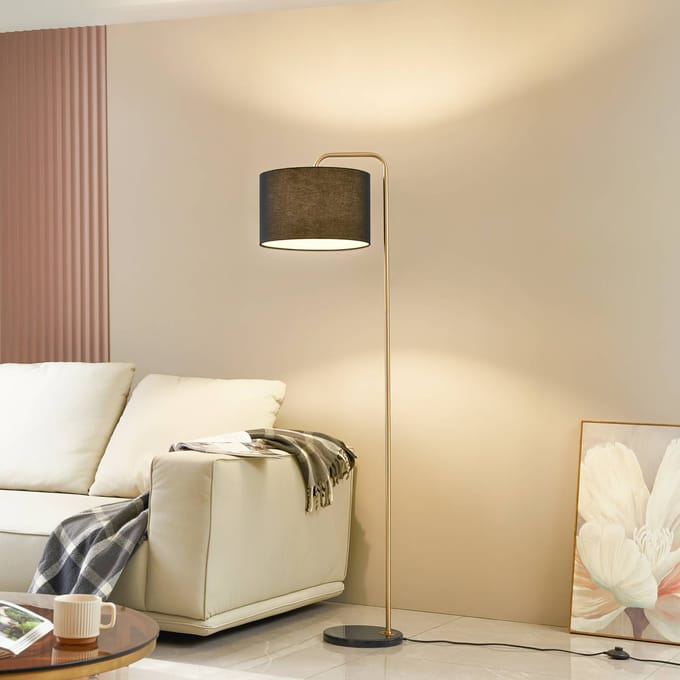 Lindby - vloerlamp - 1licht - Textiel, marmer, metaal - H: 153 cm - E27 - zwart, goud