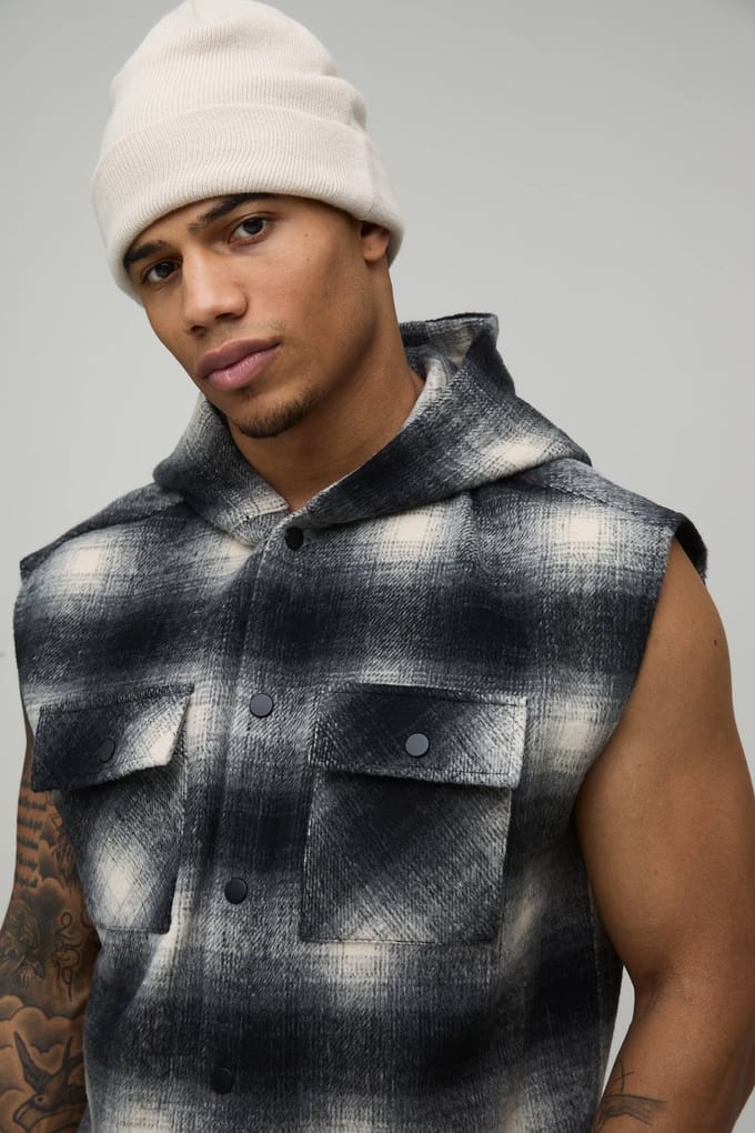 Oversized Brush Check Hooded Sleeveless Overshirt | Black | Size Medium