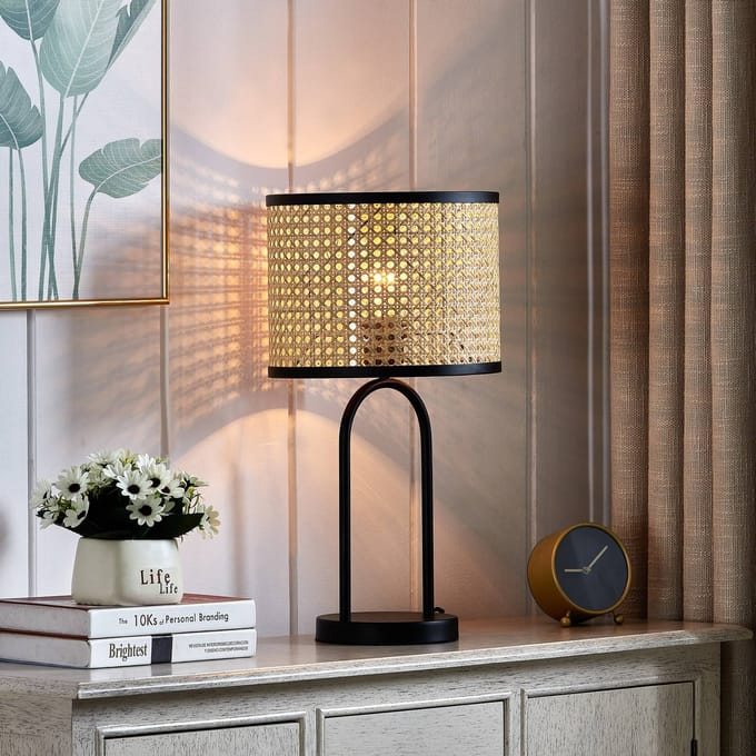 Lindby - Tafellamp - 1licht - Rotan, metaal - H: 50 cm - E27 - hel hout