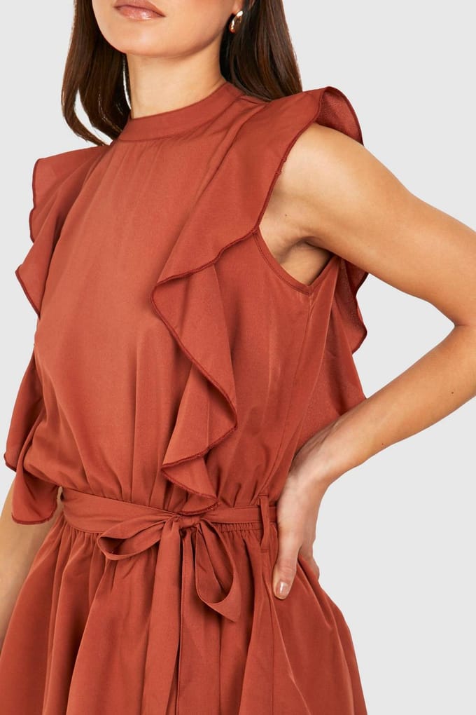 boohoo Dames Lange Geweven Ruffle Flippy Playsuit | Roest | Maat: 40