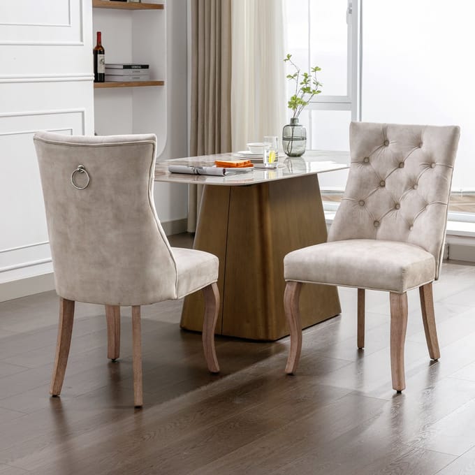 MODENUIT Eetkamerstoel 51 cm - Hoge Rugleuning Met Knopen - Voor Eethoek En Woonkamer - Fluweel Lichtbeige