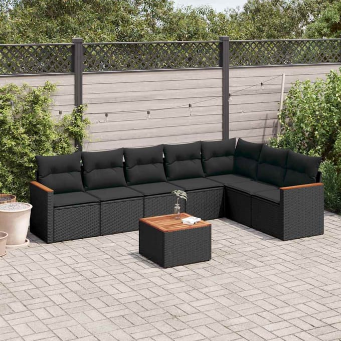vidaXL - 8-delige - Loungeset - met - kussens - poly - rattan - zwart