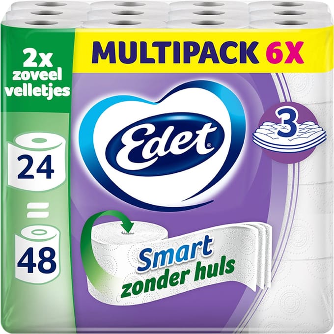 Edet Smart Toiletpapier - 3 laags - 24 maxi rollen zonder huls = 48 rollen