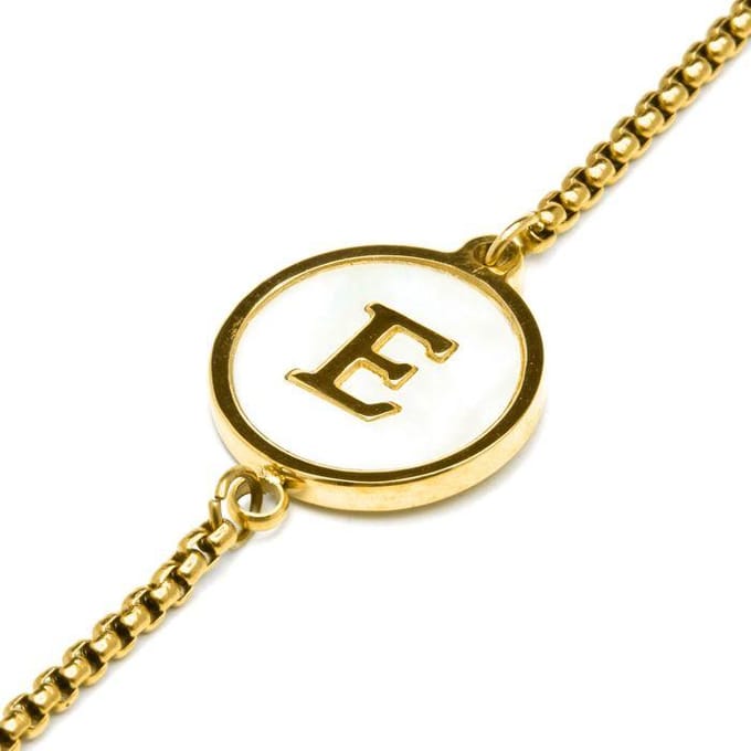Bracelet - LUXENTER - Alphabet E - Nacre blanche - finition or jaune 18K - Femme beige