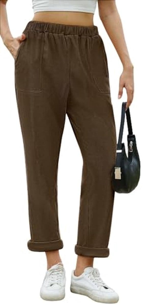 Lange Corduroy Damesbroek met Elastische Taille en Zakken