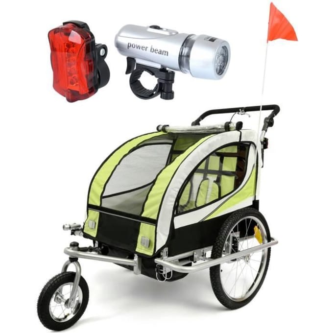 Kinderfietsaanhanger - Buggy - 2 zitplaatsen - Schokdemper - Kleur limoen - Max. belasting 40 kg lemoen