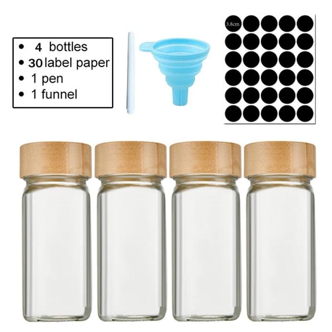 40oz Vierkante Kruidenpot Peper Kruidenfles 24 Sets Peperfles 90ml 120ml Bamboe en Glas Kruidenpot