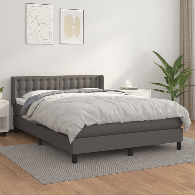 vidaXL - Boxspring - met - matras - kunstleer - grijs - 140x190 - cm
