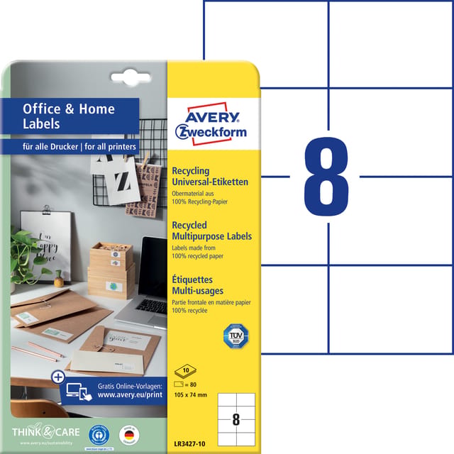 Etiket Avery LR3427-10 105x74 mm recycled wit 80 stuks