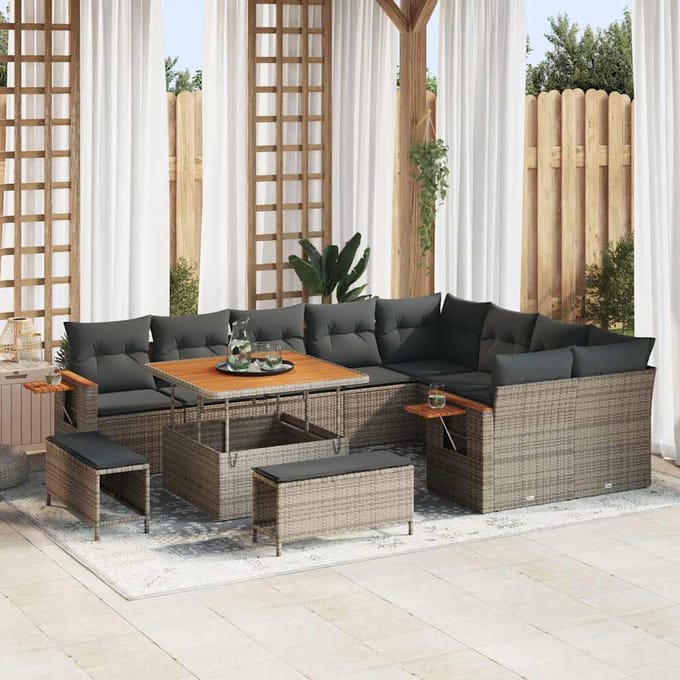 vidaXL - Tuinbank - Set - 13 - st - 11-zits - Grijs - poly - rattan