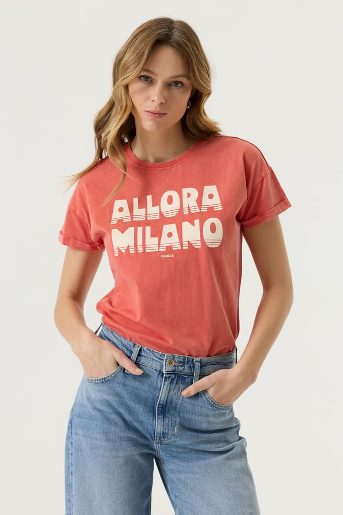 GARCIA Dames Tekst Print T-shirt Rood Korte mouw