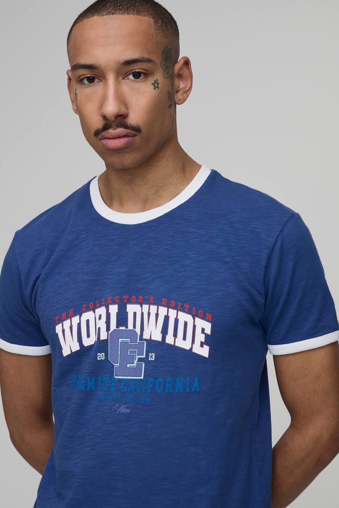 Collector's Edition Wereldwijd Ringer Gekrompen Boxy T-shirt | Navy | Size Medium