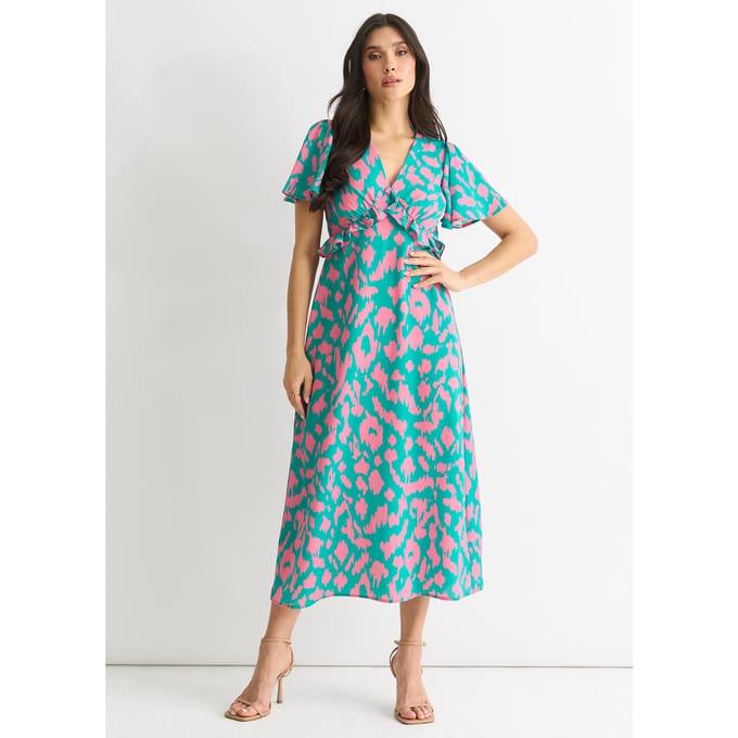 Groene dierenprint V-hals midi-jurk met ruches