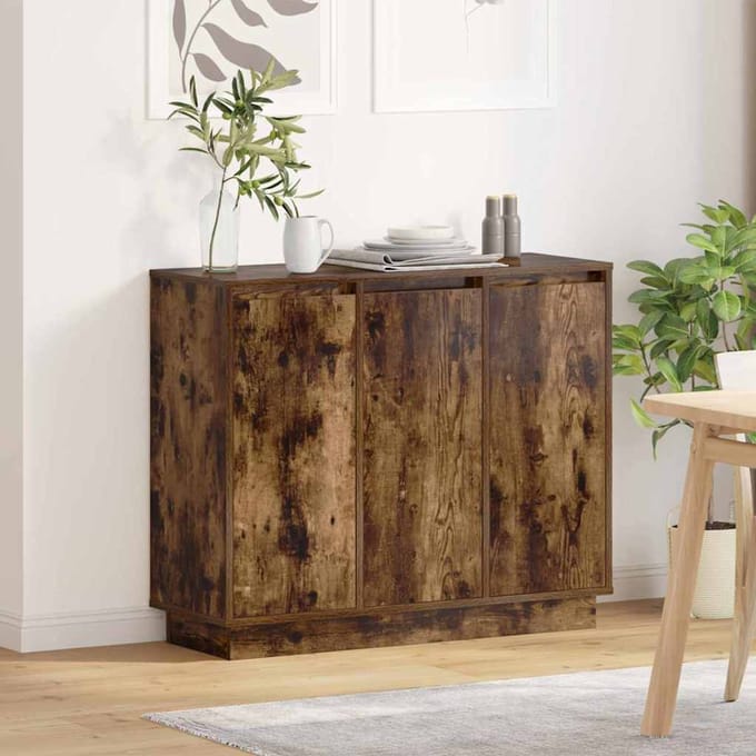 vidaXL - LED - Dressoir - Rook - Eiken - 90 - x - 32 - x - 75 - cm - Bewerkt - hout